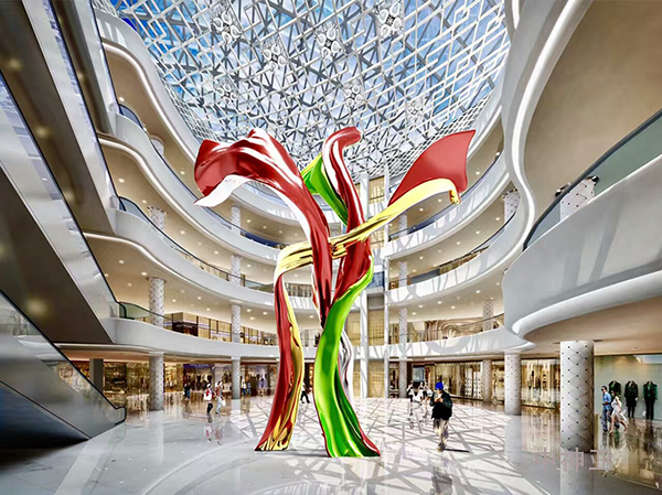 《絲路花雨》 高17.97m 寬12.97m 不銹鋼烤漆設(shè)計(jì)：王開(kāi)方 2017年 位于烏魯木齊絲綢之路經(jīng)濟(jì)帶旅游集散中心
